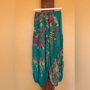 Hippie Harem Pants with Elastic Band Waist in Green and Rust made 100% Rayon